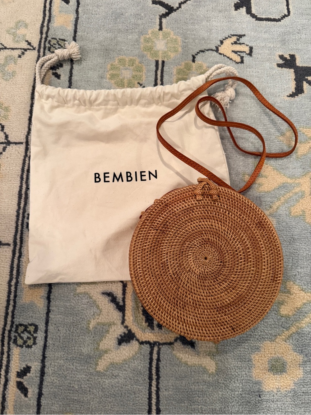 Bembien Round Woven Rattan Crossbody Bag in Natural Brown